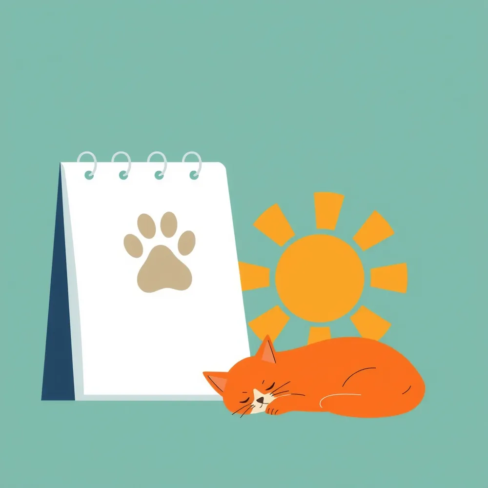 Ilustración: un calendario con una huella, el sol de la mañana y un gato durmiendo